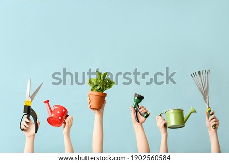 Female hands with gardening tools and houseplant on color background Royalty-Free Stock Photo #1902560584