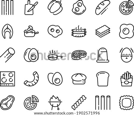 Food line icon set - french fries, pizza, bread, steak, omelette, julienne, roasted sausages, fish, bbq, pan, knife board, stove top view, eggs yolk, egg timer, piece, bell pepper, salt, bucatini