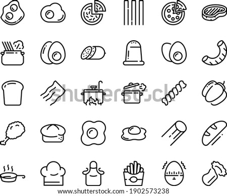 Food line icon set - french fries, pizza, fried chiken leg, pasta in pan, salami, bread, steak, omelette, chef hat, cooking, apron, eggs yolk, egg timer, piece, bell pepper, salt, fusilli, spaghetti