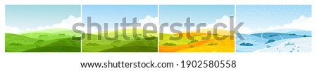 Nature field landscape in four seasons. Cartoon summer spring autumn winter scenes with green grassland meadow, blue snow hills, yellow wild fields, panorama scenery background Royalty-Free Stock Photo #1902580558