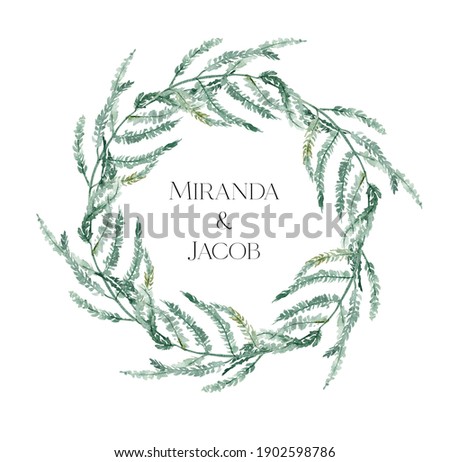Watercolor greenery wreath clipart, Woodland fern wreath watercolor ,  Design elements for wedding invitation, forest wedding, greenery