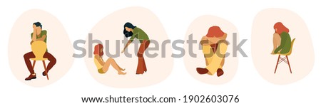 Mental problems people vector set. Depression help. Psychologist work. Emotions. Refusing to talk, Man, woman, children coping with problems. sitting. Closed poses. Psychological care.  Royalty-Free Stock Photo #1902603076