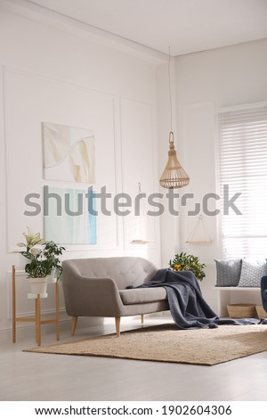 Beautiful living room interior with comfortable gray sofa Royalty-Free Stock Photo #1902604306