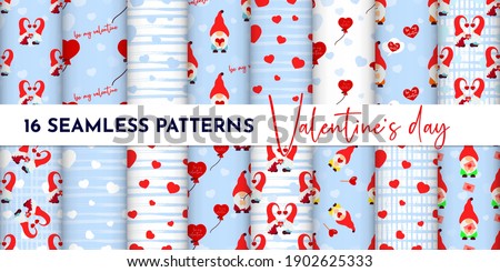 Set of Seamless pattern with gnome couple, heart, texture stripes. Valentines day background. Love concept. For wallpaper, gift box, scrapbooking, clothes fabric textile Vector cute backdrop