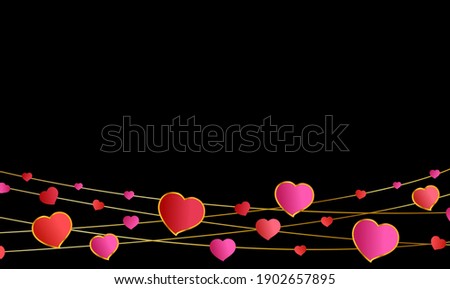 Bright Background Valentines day.  Red and pink hearts  hang on garlands  on black background. Vector illustration Valentines day or birthday. 