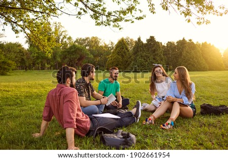 A group of young people students communicate sitting on the grass in a summer park at sunset. Friends relax in their free time. Royalty-Free Stock Photo #1902661954