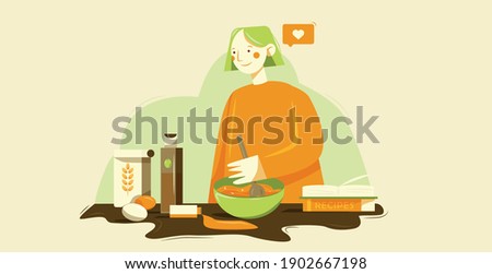 Young happy woman standing at the table at the kitchen baking with eggs, oil, flour and recipe book and mixing with spoon dough in a bowl vector flat illustration.