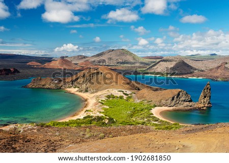 Ecuador. Galapagos Islands. View of two beaches of Bartolome Island in Galapagos Islands National park. Pinnacle Rock. Famous travel destination of Galapagos Islands. Royalty-Free Stock Photo #1902681850