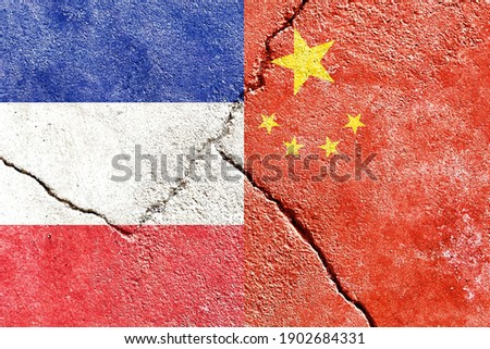 France VS China vertical national flags icon isolated on broken weathered cracked wall background, abstract international politics relationship friendship conflicts concept texture wallpaper
