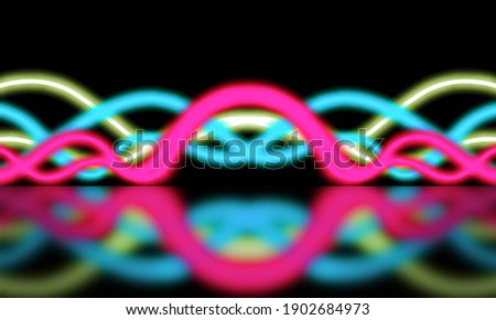 Abstract neon background. Wavy neon lights on a black backdrop with reflect. Pink and blue colors.