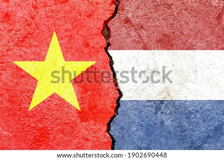 Vietnam VS Netherlands national flags icon pattern isolated on broken weathered cracked wall background, abstract international politics relationship friendship conflicts concept texture wallpaper