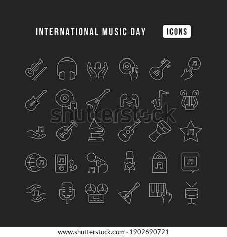 Set vector line thin icons of international music day in linear design for mobile concepts and web apps. Collection modern infographic pictogram and signs.