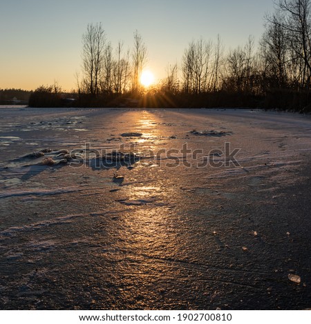 Sunset sun with flare on icy frozen reflective lake with dark trees silhouettes, long shadows and clear sky