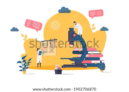 Medical laboratory concept in flat style. Scientist doing research with microscope scene. Biotechnology industry, patient diagnosis web banner. Vector illustration with people characters in situation.