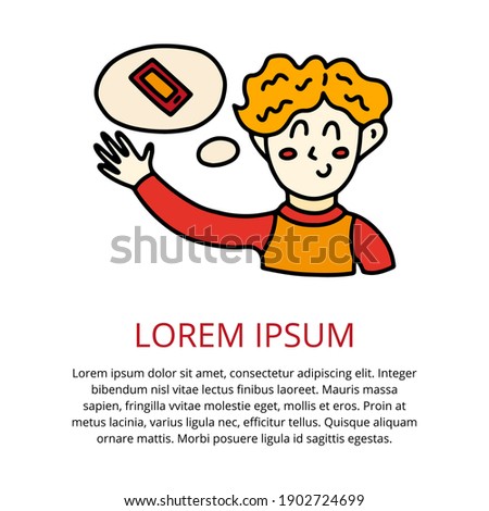 Cute colorful hand drawn vector doodle with a man and a smartphone and text. Vector template for card, postcard, banner, poster, sticker and social media