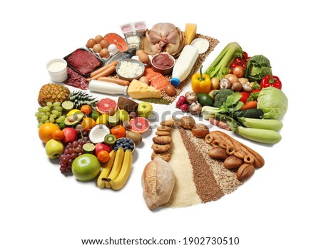 Food pie chart on white background. Healthy balanced diet Royalty-Free Stock Photo #1902730510