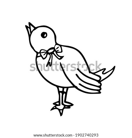 A doodle bird isolated on a white background stands sideways with a bow around its neck. Vector bird can be used in seasonal design for Easter, children's cards, textiles, packaging
