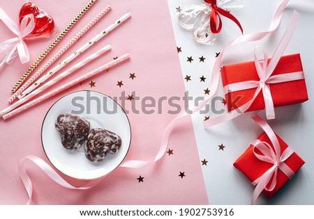 Flat lay Happy Valentine's Day romantic photography on natural background. Cute romantic greeting card template. 