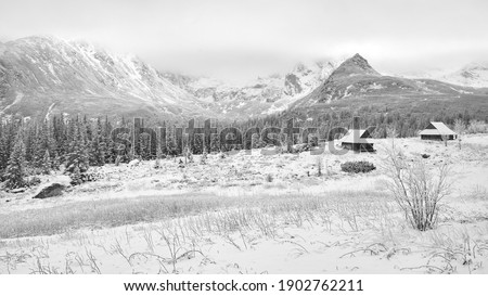 Black and white picture of Gasienicowa Valley (Hala Gasienicowa) during snowy winter, Tatra Mountains, Poland.
