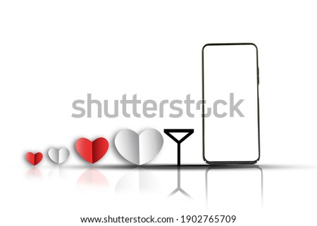 smartphone reflex shadow isolated on white background with clipping path, Valentine concept with heart wave of smartphone