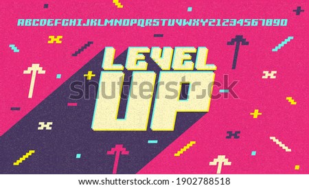 Game. Level Up. Screen. Pixel video game achievement, pixels 8 bit games ui and gaming level progress. Arcade games achievements or pixelation gaming trophy. Vector illustration easy editable. Royalty-Free Stock Photo #1902788518