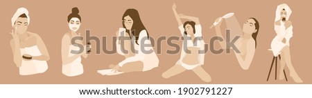 Daily morning woman rituals illustration vector set. Applying cream face mask, reading, shower, waking up, drink coffee. every day routine. Fancy morning. Cosmetics commercial towel underwear bathrobe Royalty-Free Stock Photo #1902791227