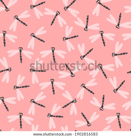 Seamless pattern with dragonfly on color background. Romantic vector illustration. Adorable cartoon character. Template design for invitation, cards, textile, fabric. Doodle style.