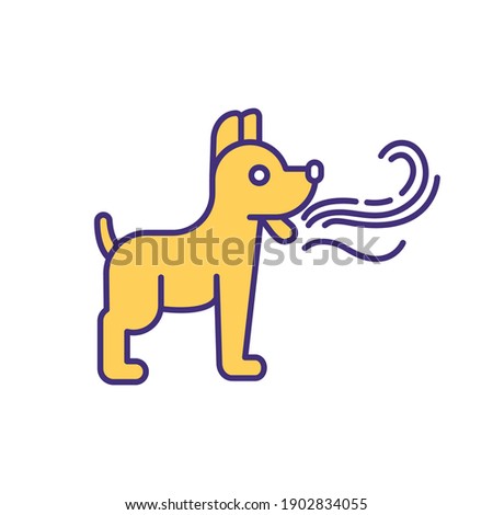 Pet bad breath RGB color icon. Pet care service. Domestic animal treatment. Dog with smelly breathing. Freshener, mouthwash for puppy. Veterinary for animals. Isolated vector illustration