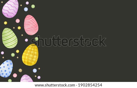 Watercolor background of happy easter eggs on black background.