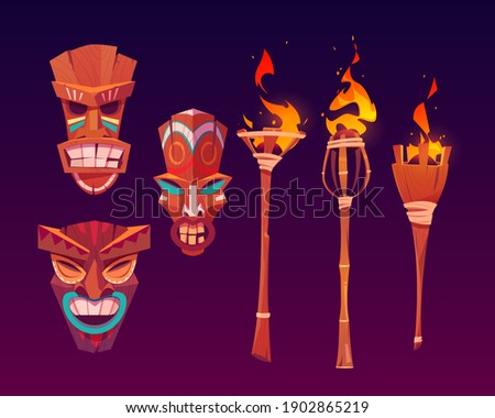 Tiki masks and burning torches, tribal wooden totems, hawaiian or polynesian attributes, scary faces with toothy mouth decorated with painting isolated on dark background. Cartoon vector icons set