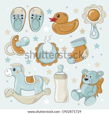 Kids toy vector set. Children's toys and accessories isolated on blue background. Great fit  for nursery poster, t shirt print, kids apparel, greeting card, label, patch or sticker. Vector illustratio