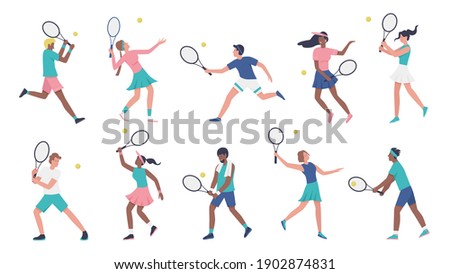 Workout playing tennis vector illustration set. Cartoon young woman man sportive characters in sportsman uniform play tennis, players holding rackets and hitting ball collection isolated on white Royalty-Free Stock Photo #1902874831