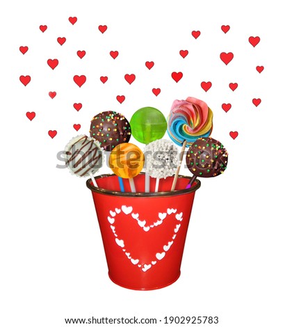There is a red bucket with sweets. White background. Isolated.