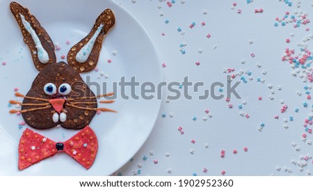 Funny bunny pancakes with fruits for Easter kids breakfast, banner, copy space, place for text