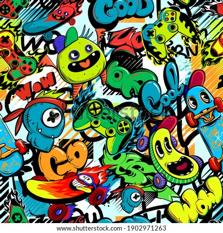 Abstract seamless cartoon pattern for kids, teenagers, fashion textile, clothes, wrapping paper. Repeated print with monsters doodle characters, graffiti text, gamepad, skateboard.