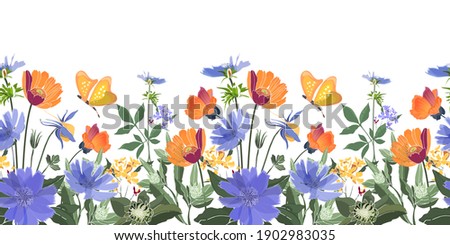 Vector floral seamless border. Summer flowers, green leaves. Chicory, mallow, gaillardia, marigold, oxeye daisy. Orange, blue flowers, butterfies isolated on white background.