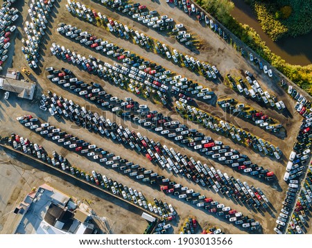Aerial top view of used car auction for sale a parking lot business logistics