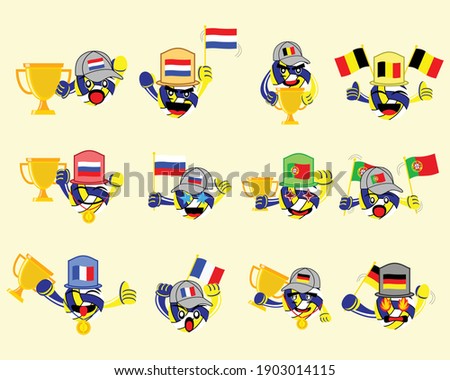Illustration vector graphic cartoon character of icon set of volleyball players and supporters of 
Netherlands, Belgium, Russia, Portugal, France, and Germany