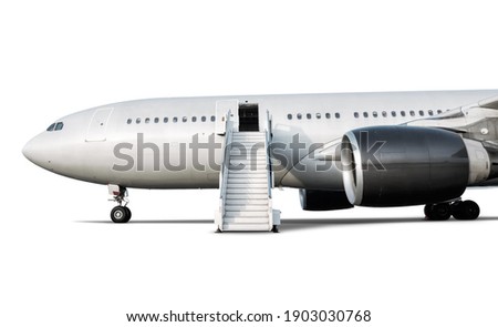 Wide body passenger jet plane with air-stairs at the airport apron isolated on white background Royalty-Free Stock Photo #1903030768