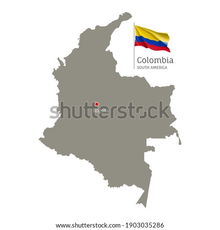 Silhouette of Colombia country map. Gray editable map with waving national flag and Bogota city capital, South America country territory borders vector illustration on white background