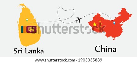 Airplane transport from Sri Lanka to China. Concept a good tour travel and business of both country. And flags symbol on maps. EPS.file.