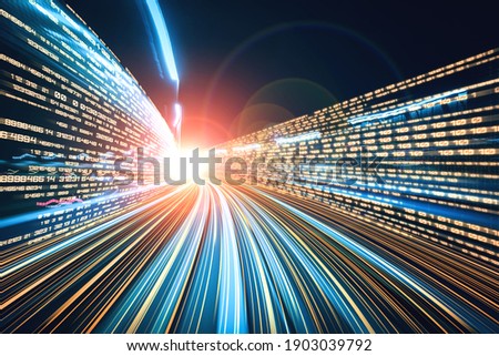 Digital data flow on road with motion blur to create vision of fast speed transfer . Concept of future digital transformation , disruptive innovation and agile business methodology . Royalty-Free Stock Photo #1903039792