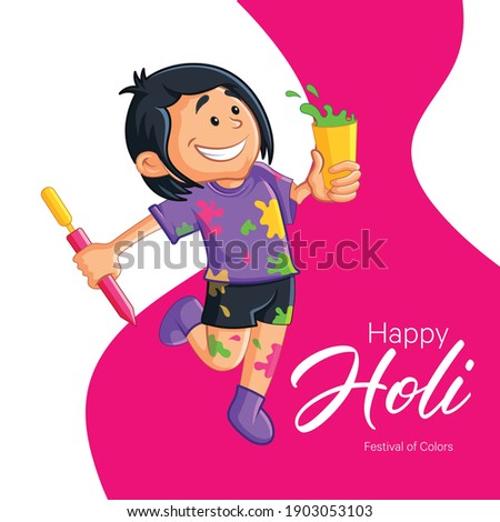 Happy holi banner design. Indian boy with holi colors and pichkari. Vector cartoon illustration.	