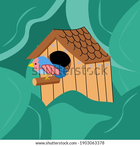 a bird sits on a perch in a birdhouse among the foliage from the trees, spring illustration