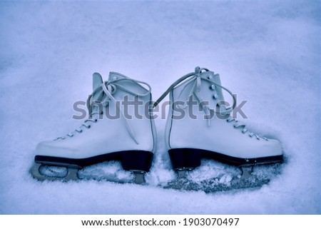 Figure skates close up. Sport equipment .Lie in the snow.