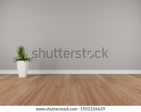 Grey wall and wooden floor background with planter (3D)