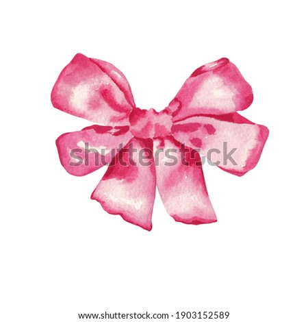 Hand painted pink bow isolated on white background. Romantic and cute. Watercolor Valentine's day clipart. Holiday decor. Realistic pink bow