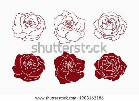 Rose flower set. Continuous drawing. Line art concept design. Hand-drawn vector illustration.