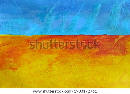 Abstract background of contrasting bright orange yellow ground surface and blue sky. Desert landscape. Tornadoes spiral swirl in the air. A fantasy picture of alien planets or Mars. Space for text.