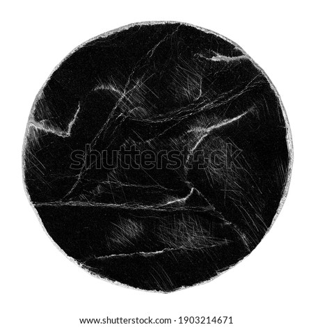 Empty Black Scratched Circle Round Paper Peeled Sticker Stamp Mock Up Isolated on White. Old Rough Black Empty Aged Damaged Disc Ring. Shabby Grunge Overlay Texture for Collage. 